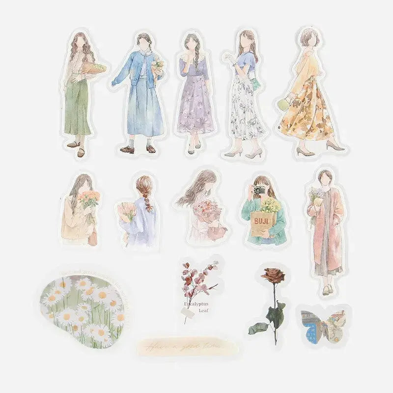 BGM Person Watercolor Flower Coordinating Flake Washi Stickers
