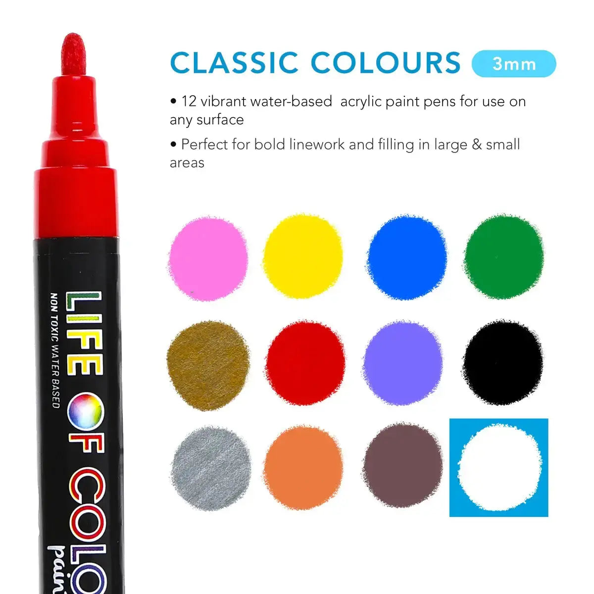 Classic Colours 3mm Medium Tip Acrylic Paint Pens -Set of 12 Life of Colour