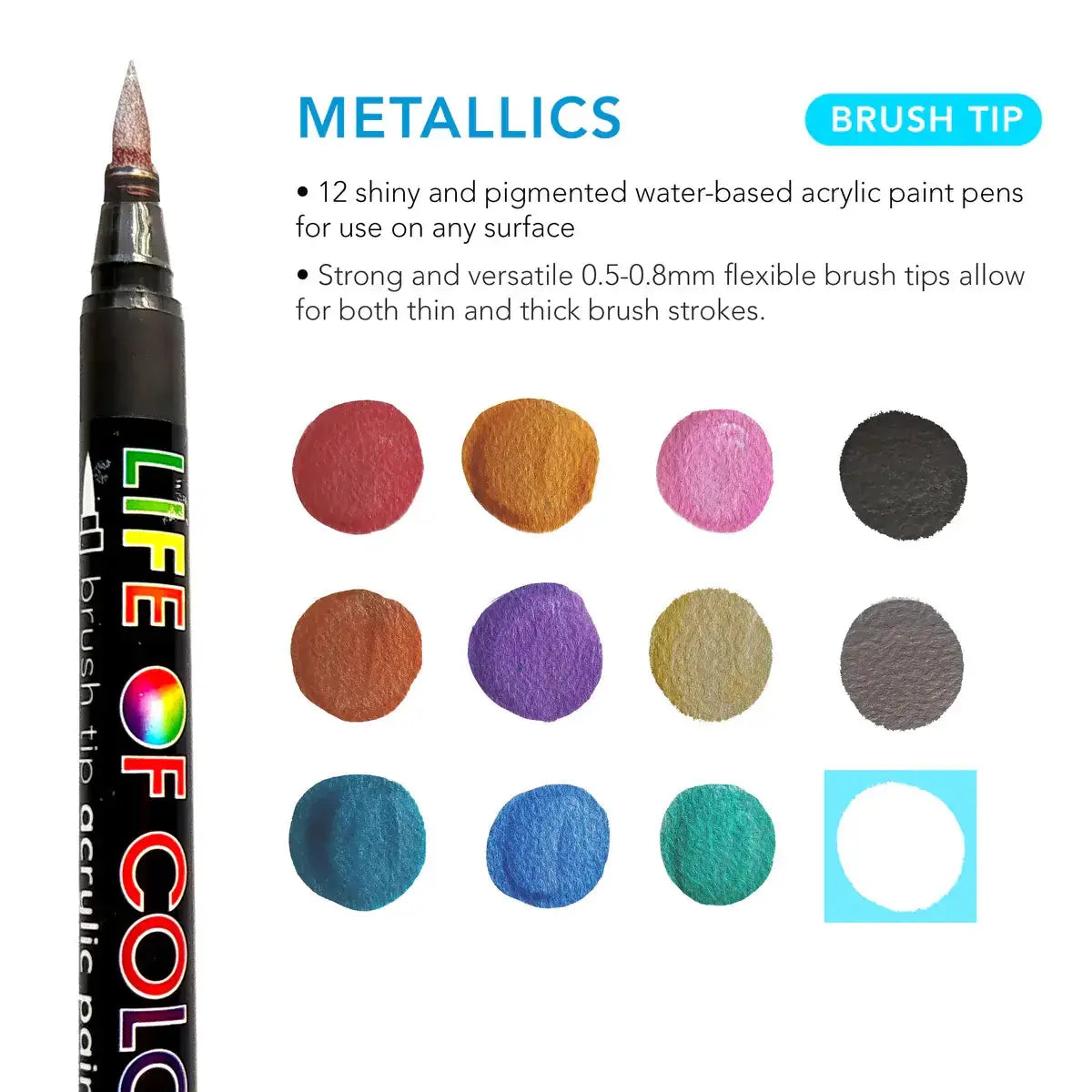 Metallic Brush Tip Acrylic Paint Pens - Set of 12 Life of Colour