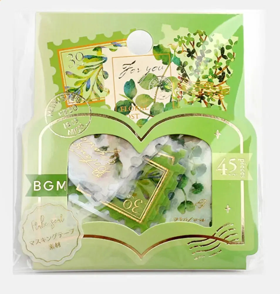 Post Office -Botanical illustrated book (Green): Flake Washi Stickers