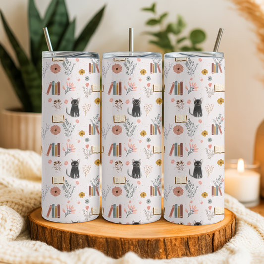 Whimsical Bookish Cat 20oz Tumbler (Light)