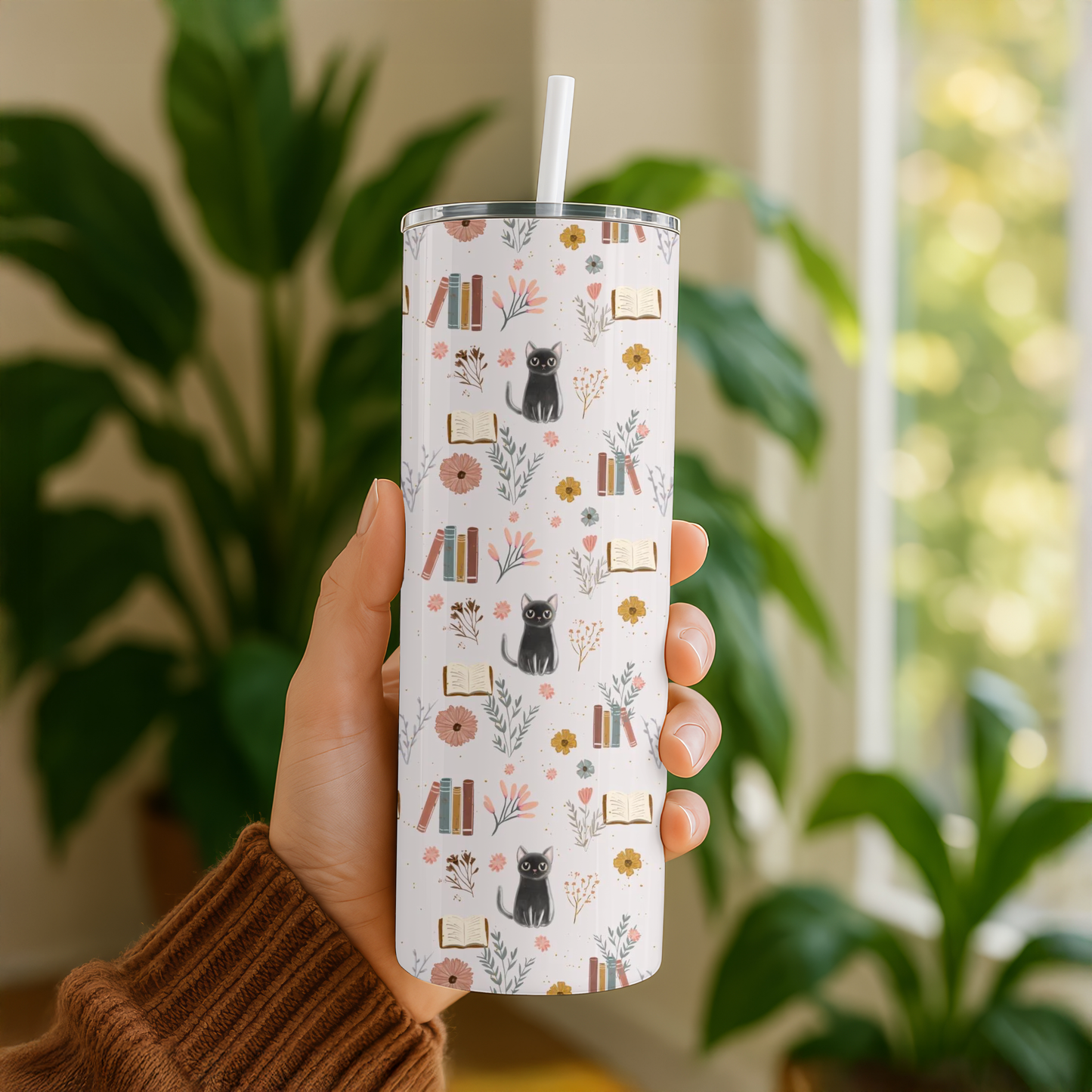 Whimsical Bookish Cat 20oz Tumbler (Light)