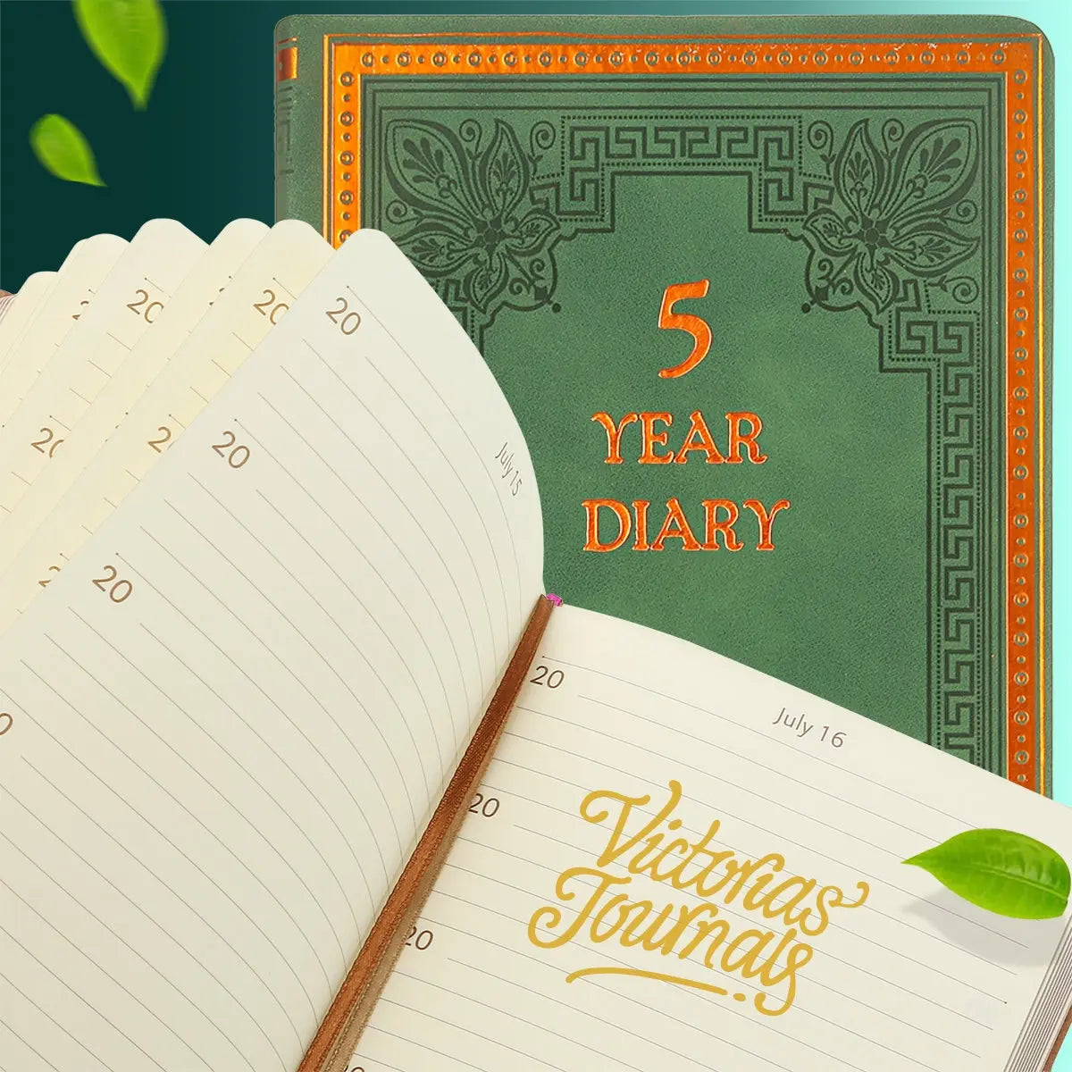 5 Year Antique Planner, Vegan Leather Cover, Green