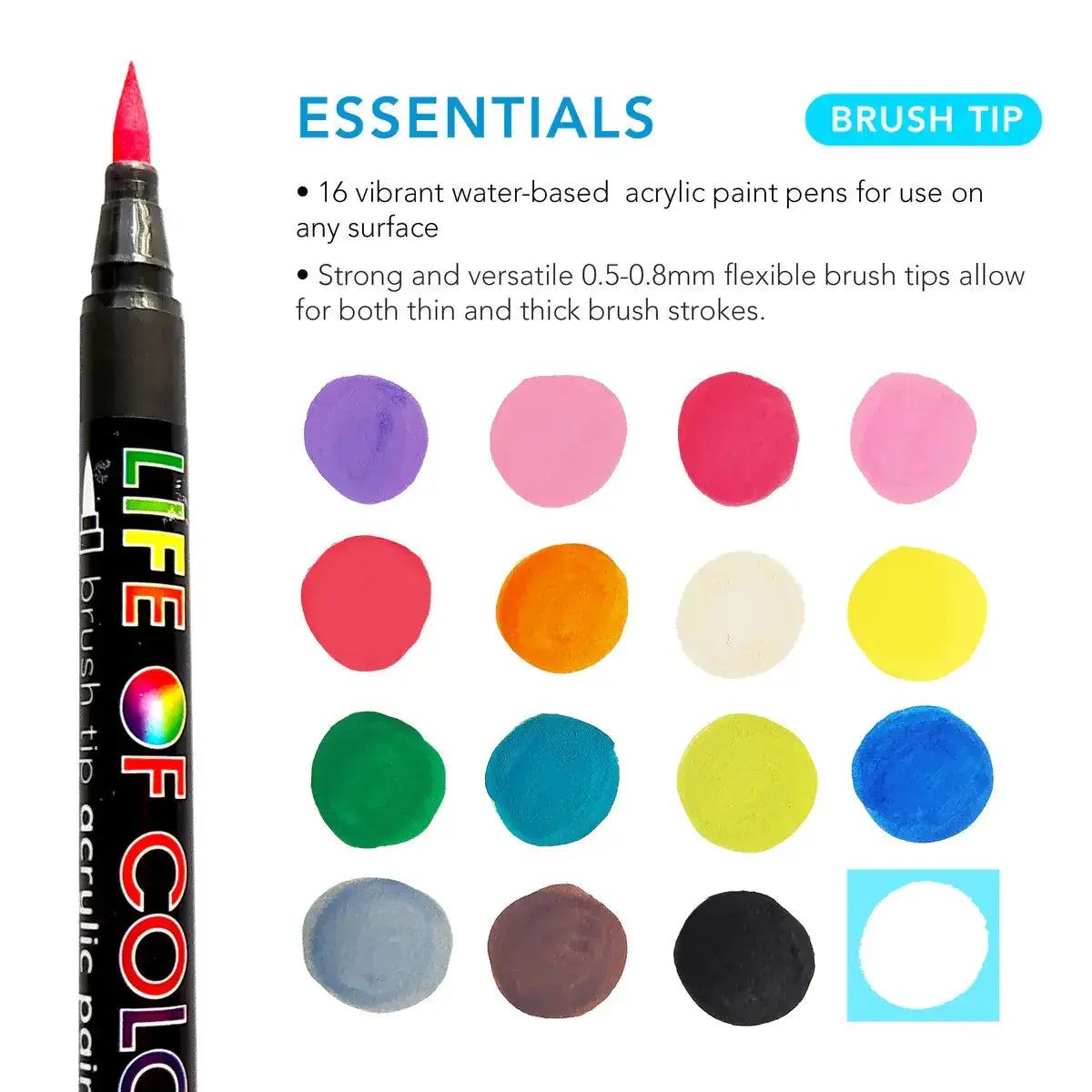 Essential Colours Brush Tip Acrylic Paint Pens - Set of 16 Life of Colour