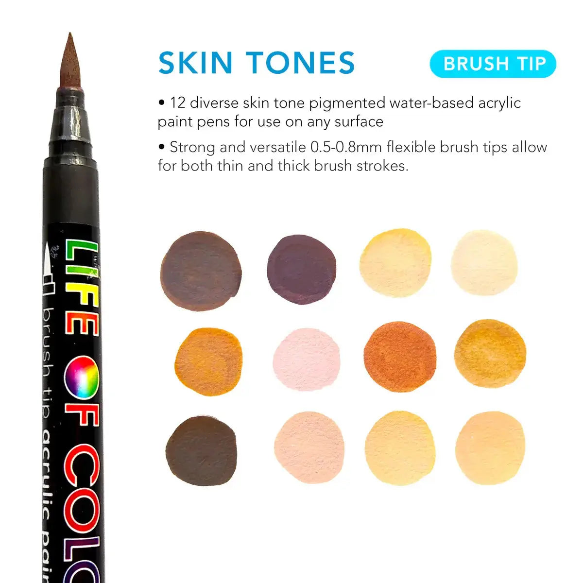 Skin Tone Brush Tip Acrylic Paint Pens - Set of 12 Life of Colour