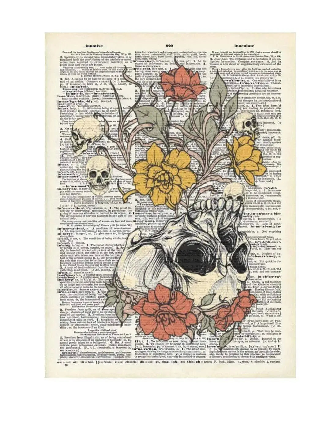 Vintage Flower and Skull Dictionary Print - 8.5" x 11'