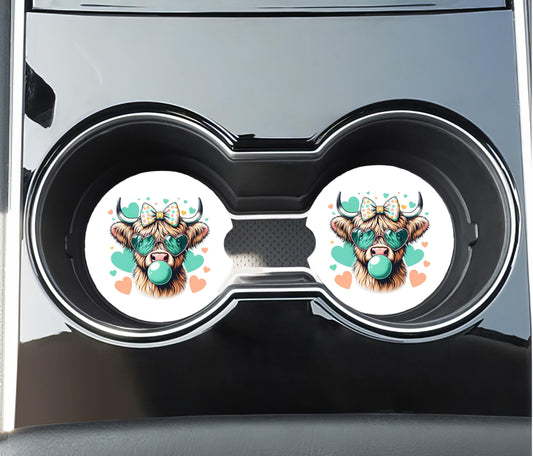 Highland Cow Teal Bubble - Car Coaster
